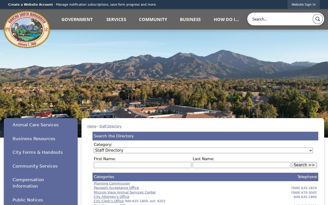 Rancho Santa Margarita directory city staff search