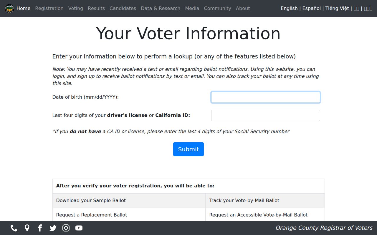 Rancho Santa Margarita voter lookup fields in Orange County